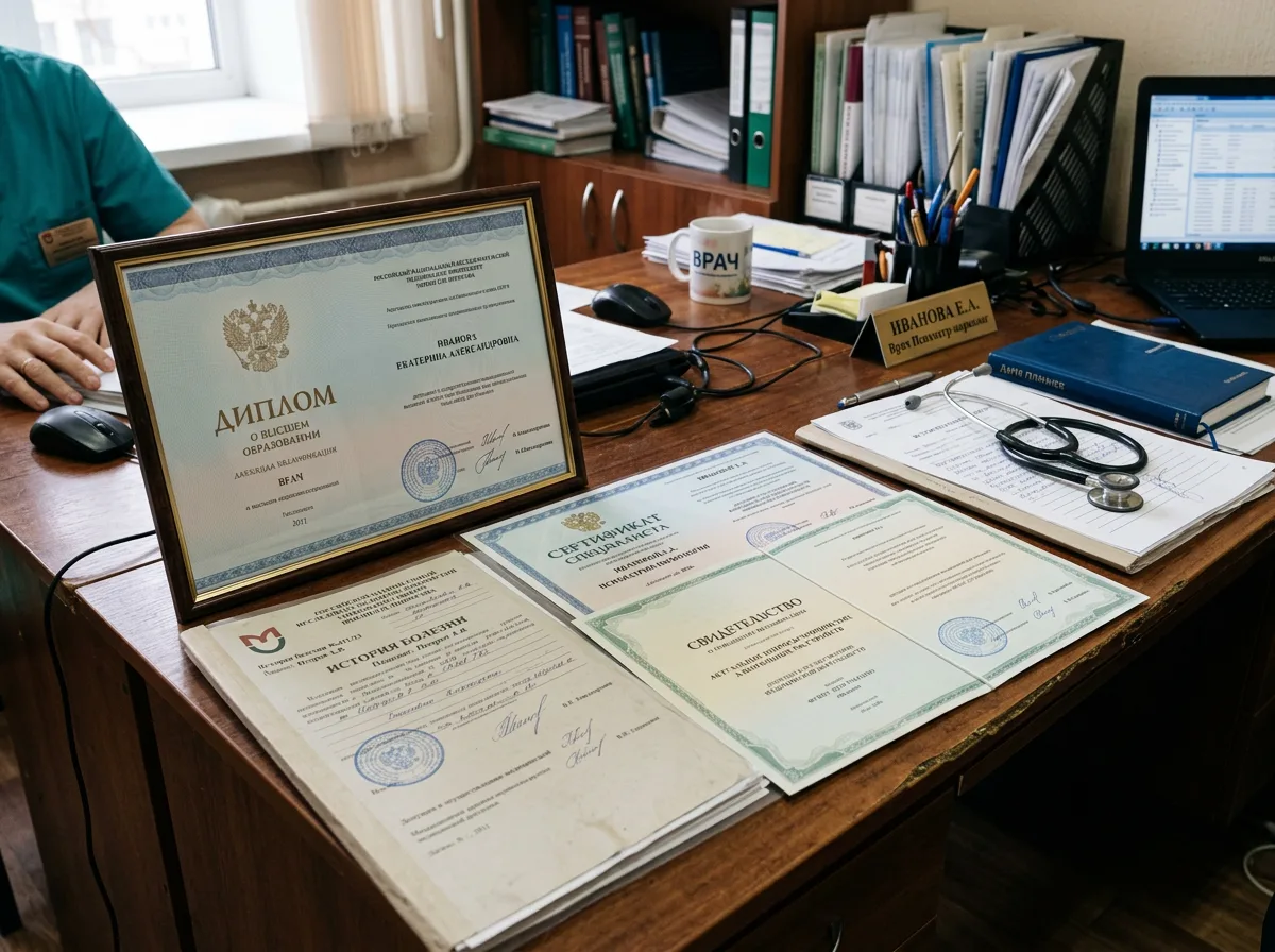 Сертификаты специалиста нарколога-психиатра, диплом о медицинском образовании, документы на столе врача